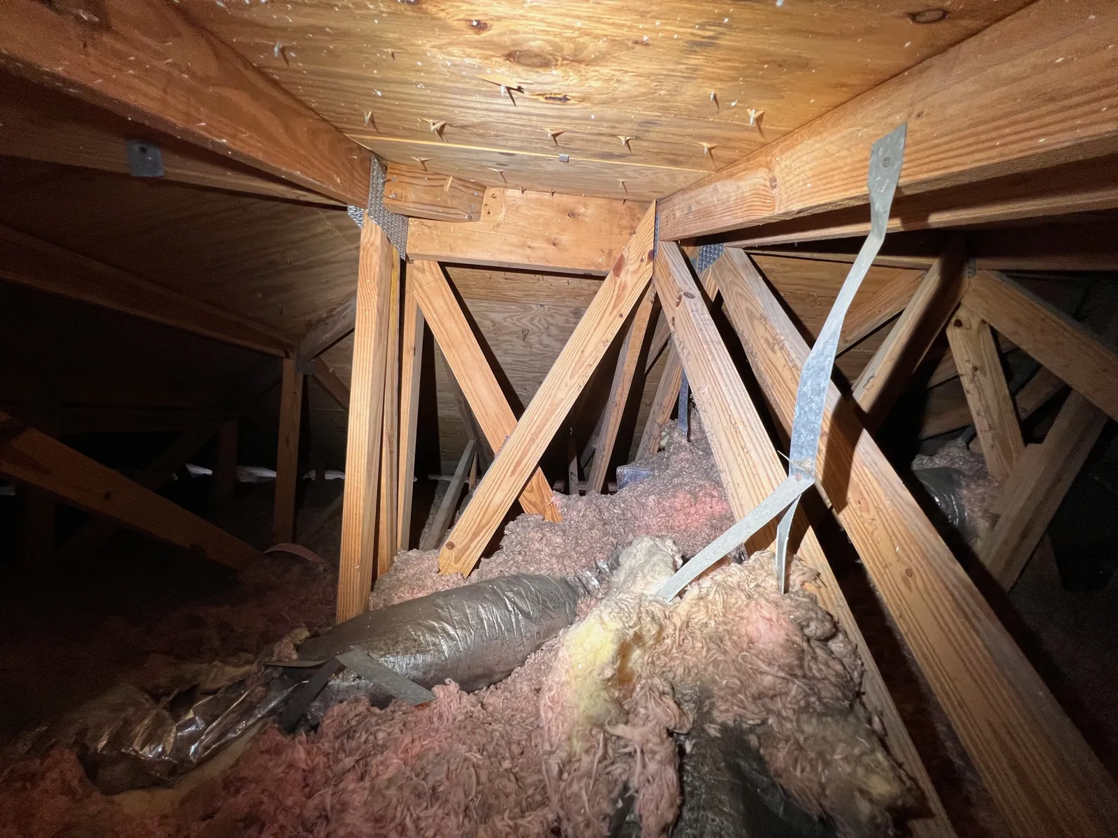 Roof trusses and straps inside an attic