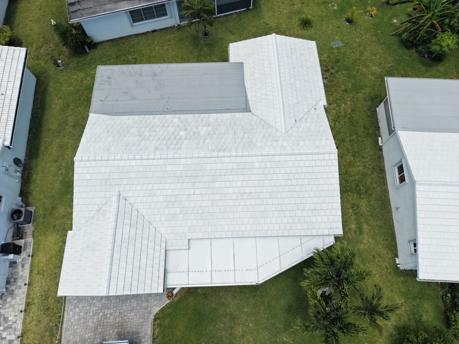 Drone photo of a white tile roof