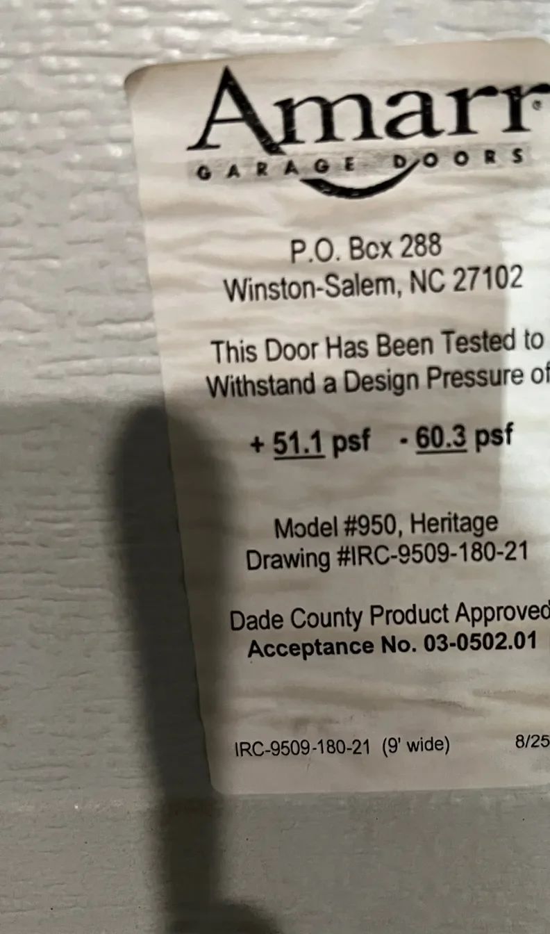 Garage door design pressure and Miami-Dade product approval label